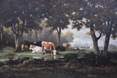 Louis COIGNARD (1812-1880 ) Louis COIGNARD (1812-1880). Paysage de vaches au pré...
