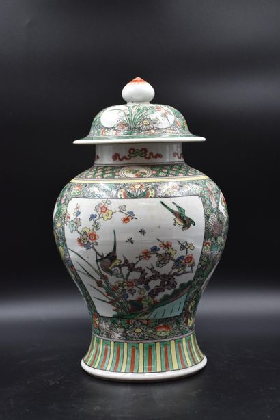 null Pair of Chinese porcelain pots of the green family with birds and butterflies....