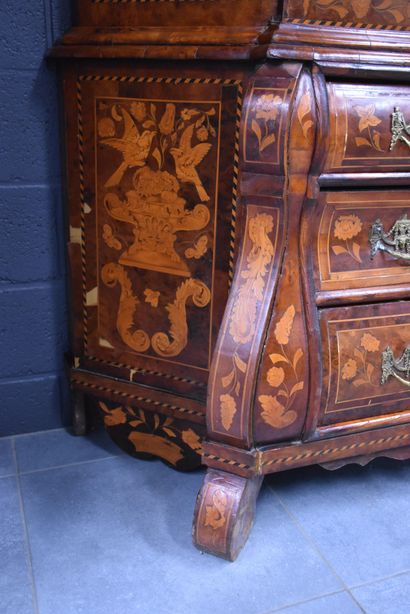 null Dutch double-body display cabinet with inlaid flowers. Eighteenth century period....