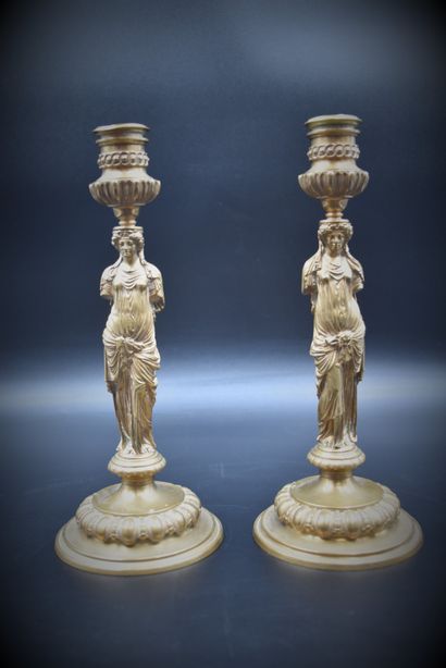 null Pair of gilt bronze candlesticks representing caryatids. Barbedienne Fondeur....