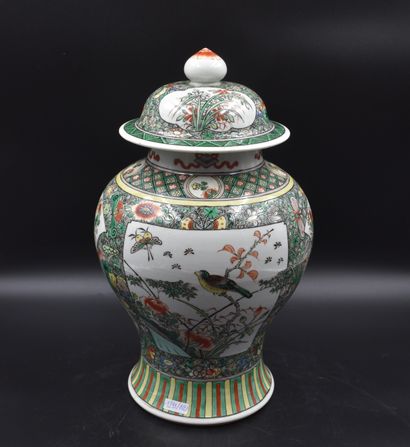 null Paire de potiches en porcelaine de Chine de la famille verte à décor d’oiseaux...