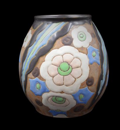 null A Boch Kéramis art deco stoneware vase with a floral design. D.1211 Ht : 17...