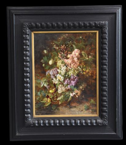 
                         
                              奥尔加-维辛格-弗洛里安（1844-1926）。维也纳学派。静物画中的花朵和观察蚜虫的蝾螈。板上油彩。左下角有签名，背面有纸张会签。这些由艺术家题名和副署的小纸片经常出现在她的作品背面。这位艺术家受到普兰肯贝格画派（创始人埃米尔-辛德勒）的影响。她是女作家和艺术家联盟的主席。尺寸：45...
                         
                         