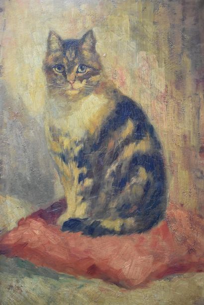 L. Manouriez (XIX). L. Manouriez (XIX). The cat on his red cushion. Oil on canvas....
