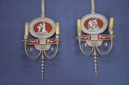 null Pair of Louis XVI style sconces in wood and patinated iron with an antique eglomerate...
