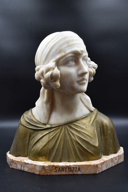 null Lot of two busts of elegant women around 1900. One in alabaster and bronze signed...