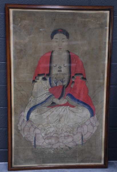 null Peinture asiatique sur soie XVIIIème (ou antérieur) représentant Bouddha assis...