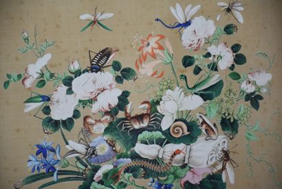 null Painting on japanese silk composed of a bouquet of flowers decorated with butterflies,...