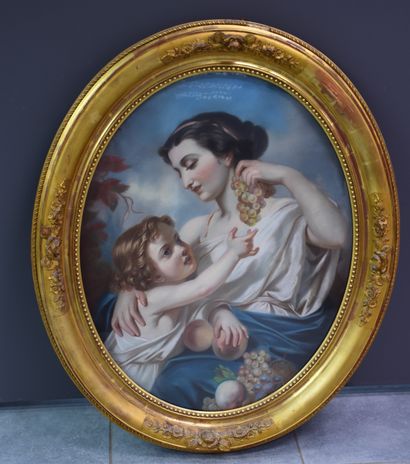 null Pastel romantique vers signé et daté en 1856. La mère et son enfant triant les...