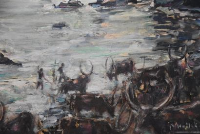 André HALLET (1890-1959 ) André HALLET (1890-1959 ). The herd of buffaloes. Oil on...