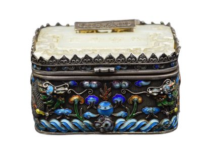null China 19th century. Small cloisonné silver box and green jade cover engraved...
