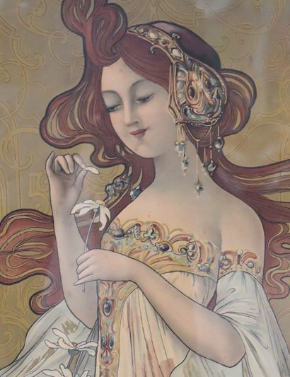 Mary GOLAY (1869-1944) Mary GOLAY (1869-1944). Femme aux marguerites. Affiche art...
