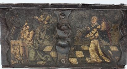 null Small iron box around 1600. Beautiful iron hinges. Iron plates painted with...