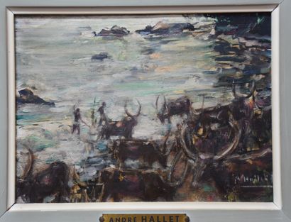 André HALLET (1890-1959 ) André HALLET (1890-1959 ). The herd of buffaloes. Oil on...