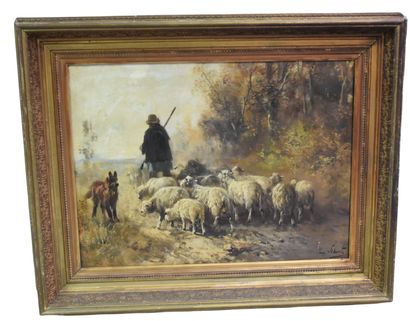 Henry SCHOUTEN (1857-1927) 亨利-舒顿（1857-1927）。牧羊人和他的羊群。布面油画。尺寸：78 x 58厘米。 

荷兰：亨德里克-舒顿（1857-1927）。牧羊人和他的羊群。在画布上涂抹。尺寸：78...
