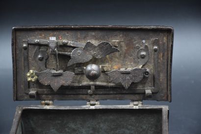 null Small iron box around 1600. Beautiful iron hinges. Iron plates painted with...