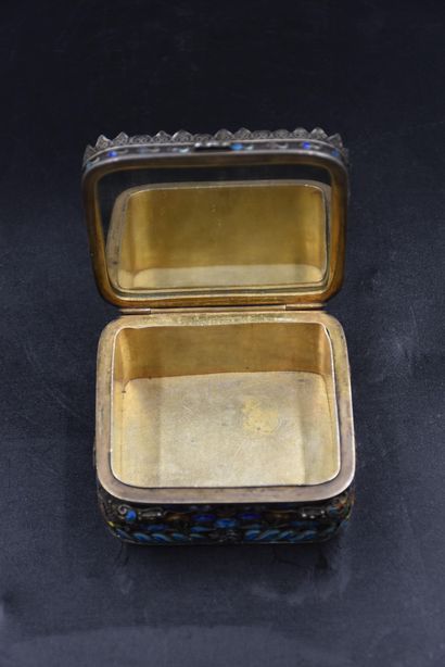 null China 19th century. Small cloisonné silver box and green jade cover engraved...