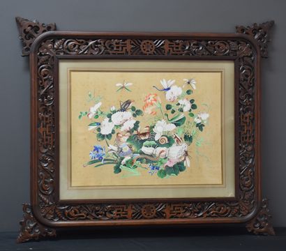null Painting on japanese silk composed of a bouquet of flowers decorated with butterflies,...