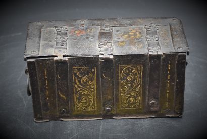 null Small iron box around 1600. Beautiful iron hinges. Iron plates painted with...