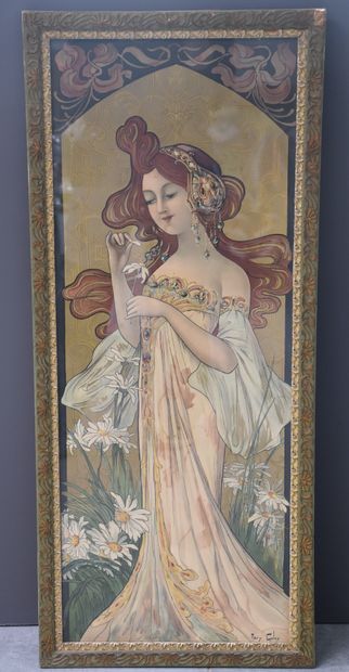 Mary GOLAY (1869-1944) Mary GOLAY (1869-1944). Femme aux marguerites. Affiche art...