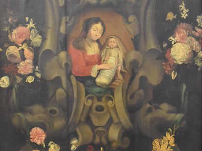 null Virgin and child surrounded by a garland of flowers. Flemish school XVIIth century....