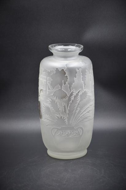 null Rare Art Deco sandblasted glass vase from the Centre region decorated with bathers....