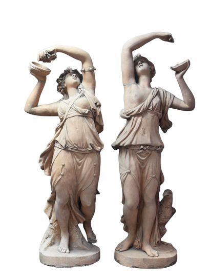 null Pair of terracotta sculptures representing nymphs with grapes in the taste of...