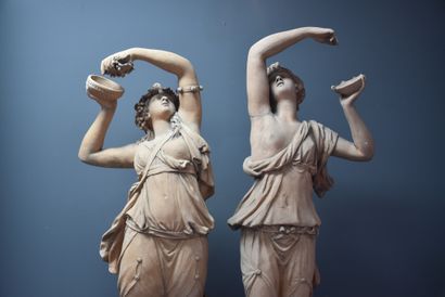 null Pair of terracotta sculptures representing nymphs with grapes in the taste of...