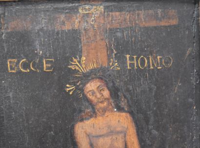  Tableau ancien sur panneau Ecce homo. Ht: 13 x 20 cm. 
NL: Oud schilderij op Ecce...