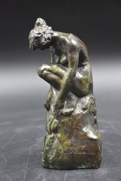 L. PLACE. L. PLACE. Female nude on a rock. Bronze with lost wax. Green patina. Founder's...