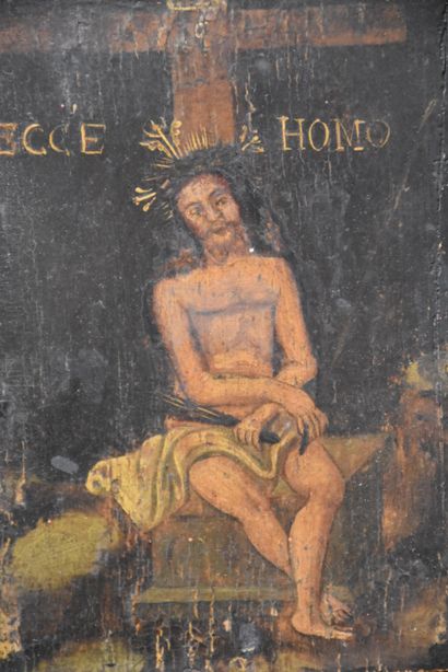  Tableau ancien sur panneau Ecce homo. Ht: 13 x 20 cm. 
NL: Oud schilderij op Ecce...