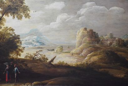 null 一对夫妇在一个想象中的海湾边钓鱼回来，船上有船，人和一个城堡。橡木板上的油画。佛兰德学校17世纪。印有 "Frans de Momper "的牌子。尺寸：72...