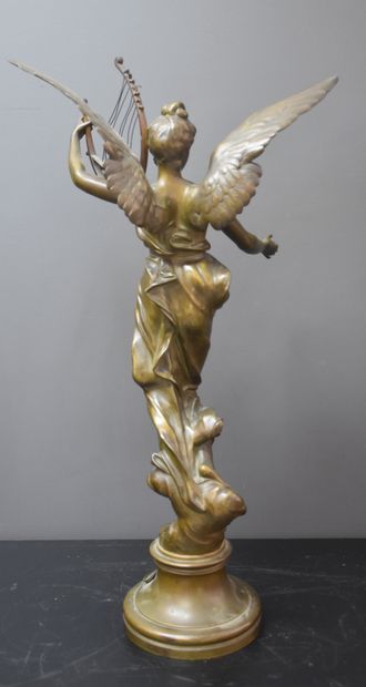 E.MARIOTON (1857-1933) E.MARIOTON (1857-1933). Bronze. Dame allégorique à la lyre....