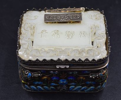 null China 19th century. Small cloisonné silver box and green jade cover engraved...