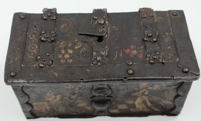null Small iron box around 1600. Beautiful iron hinges. Iron plates painted with...