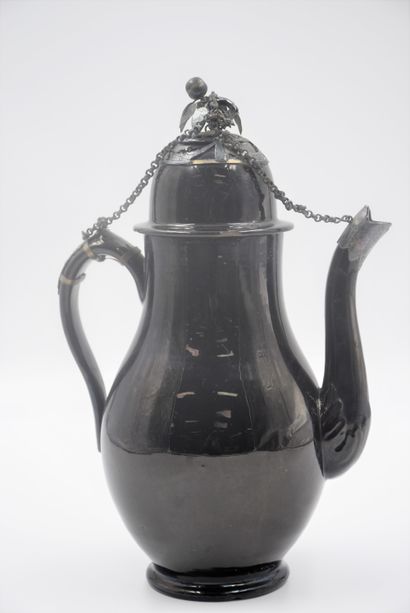 null Coffee pot in earth of Namur. Mounting in silver. Ht : 32 cm. Small chips in...