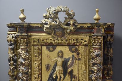 null Tabernacle baroque en bois sculpté peint et doré. Espagne XVIIème siècle. Ht...