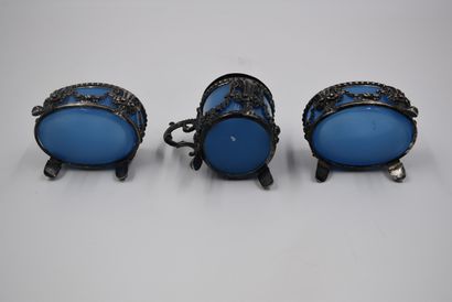 null Pair of silver saltcellars and mustard pots with blue crystal interior. Work...