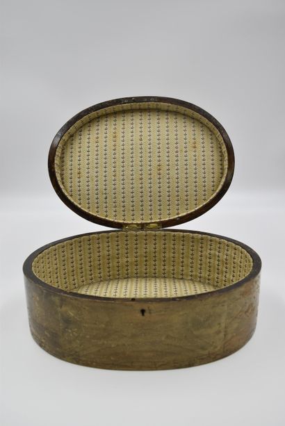 null 19世纪初的椭圆形温泉盒，有一个小夜曲演奏者的浪漫装饰。来自列日地区的一个古董商家庭的私人收藏，已退休多年。尺寸：32 x 23厘米。磨损和撕裂。



...