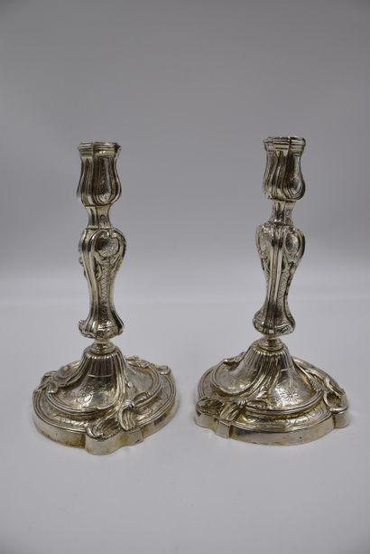 null Pair of regency style candlesticks in silvered bronze. Nineteenth century. Height:...