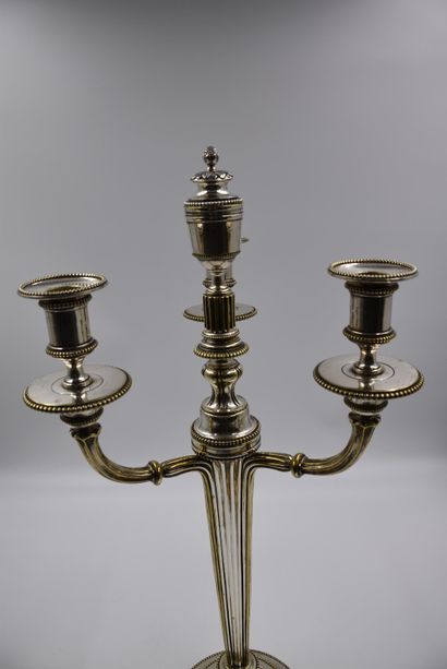 null Pair of silvered bronze candelabras in the Louis XVI style. Height: 59 cm. Jacques...