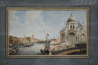 null Gouache XIXème représentant Venise et ses canaux animés. Collection familiale...