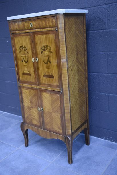 null Transition style secretaire in wood veneer and marquetry of flower pots. Nineteenth...