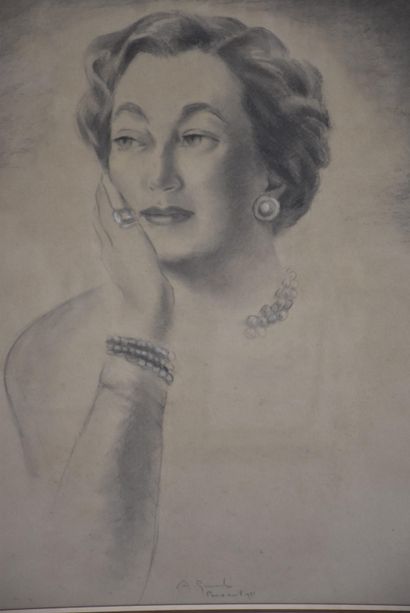 null Portrait au fusain représentant la Princesse Elizabeth Chavchavadze en 1951....