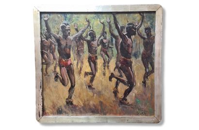 African dance Oil on panel located or signed...