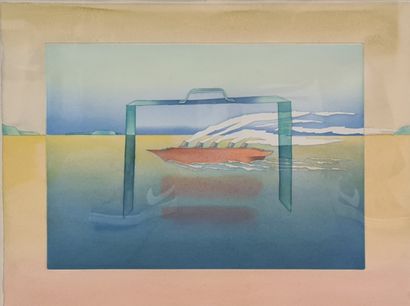 Jean Michel FOLON (1934-2005). 
让-米歇尔·福隆 (1934-2005)。



班轮。



混合技术：在丝网印刷的背景上签名的水彩画在右下方。



该基地被称为“A...