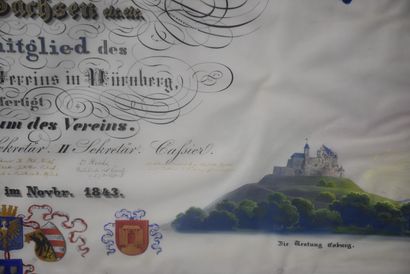null 比利时王室。历史纪念品。"利奥波德一世陛下是纽伦堡阿尔布雷希特-杜勒圈的荣誉成员 "的文凭。羊皮纸上的书法和水粉画。日期为1843年11月。尺寸：80...