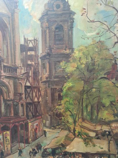 J. VAN CLEEMPUT (1881-1953). J.范-克莱姆普特（1881-1953）。布鲁塞尔圣凯瑟琳广场上的市场。布面油画。尺寸：70 x 85厘米。J....