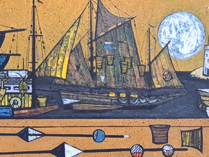 Gustave CAMUS ( 1914-1984). 
古斯塔夫-卡姆斯（1914-1984）。在月光下钓鱼归来。布面油画。尺寸：68 x 30厘米。
适用于2000欧元起的转售权。古斯塔夫-卡姆斯（1914-1984）。在这里，你可以看到你的朋友们。在画布上涂抹。尺寸：68...