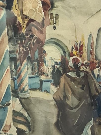 Isidore Van Mens (1890-1985). 伊西多尔-范-门斯（1890-1985）。动画中的露天市场。1937年位于突尼斯的水彩画。尺寸：33...